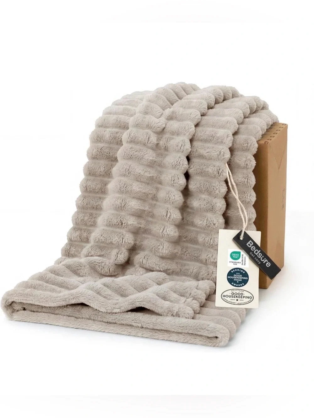 Bedsure Gentlesoft Plush Ribbed Throw Blanket in Beige 50x60